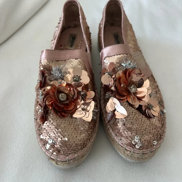 Dune London Pink and Gold Espadrille Flats with Sequined Floral Design - Picture 2 of 8